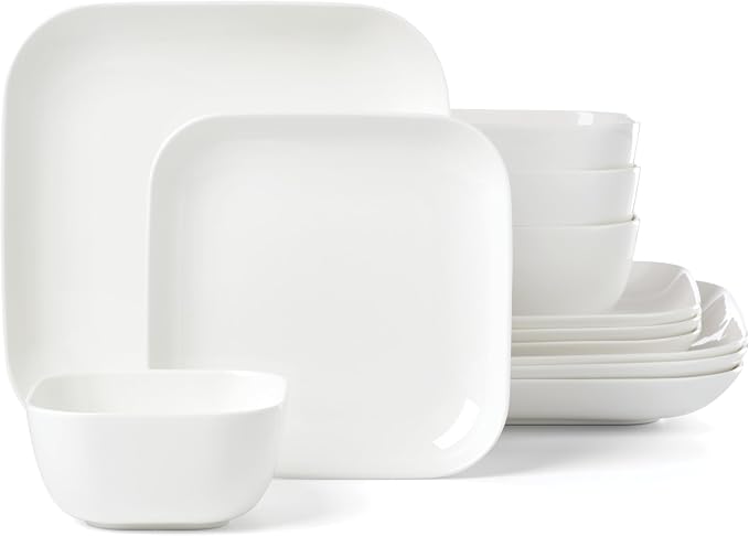 Lenox Studio 1414 Square Bone China 12-Piece Dinnerware Set for 4 | dishwasher safe | plates and bowls sets for kitchen and dining | 10.19 inch plate, dish set, dishes, chip resistant