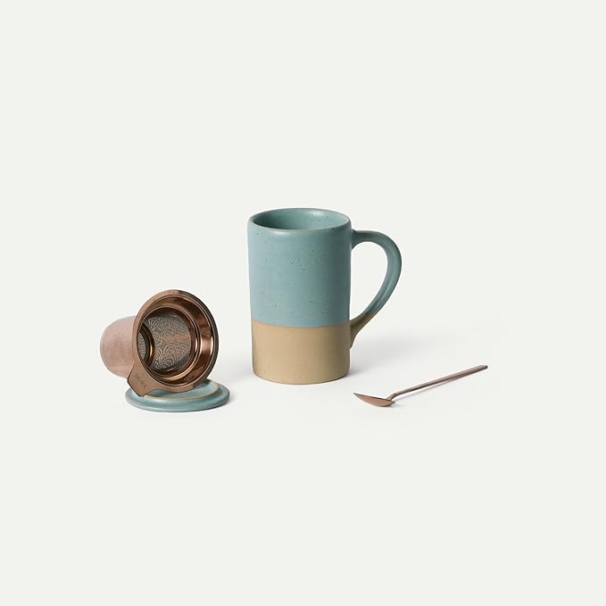 Mora Ceramics Tea Cup with Loose Leaf Infuser, Spoon and Lid, 12 oz, Microwave and Dishwasher Safe Coffee Mug - Rustic Matte Ceramic Glaze, Modern Herbal Tea Strainer - Great Gift for Women, Iris