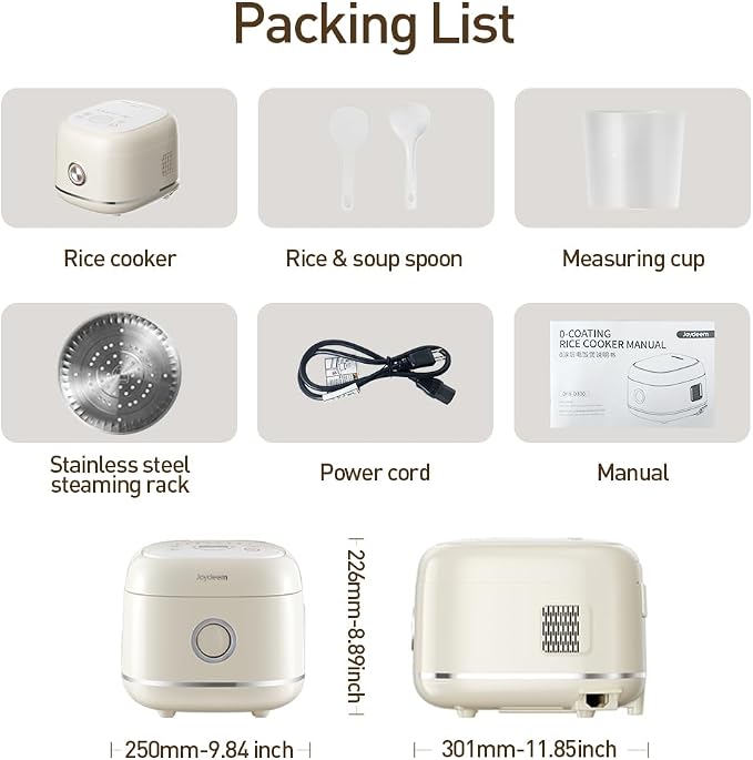 Joydeem Stainless Steel Rice Cooker, Uncoated Non-Stick 316L Stainless Steel Inner Pot, 6 Cup Uncooked, 3L/3.2 qt, DFB-D300, Cream Color