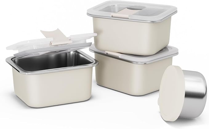 Bakpoco Stainless Steel Snack Lunch Containers for Kids, 3 Packs 12 oz Leak-Proof Lunch Box Containers, Microwave-Safe, Convenient Metal Small Food Storage Container with Lid for School, Work