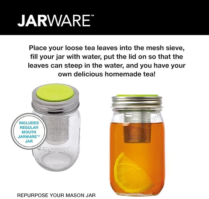 Jarware Glass Mason Jar & Tea Infuser Lid, Jar & Stainless Steel Tea Filter | Steep Loose Leaf Tea In The Regular Mouth 16oz Mason Jar Set | Brew Hot or Iced Tea At Home | Mason Jar Steeper Set