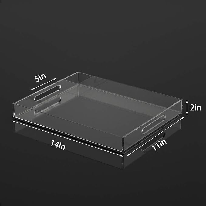 NIUBEE Acrylic Serving Tray 11x14 Inches -Spill Proof- Clear Decorative Tray Organiser for Ottoman Coffee Table Countertop with Handles | Spill-Proof tray for Coffee Table, Ottoman | Decorative Tray for Breakfast in Bed, Drink Serving & Home Organization