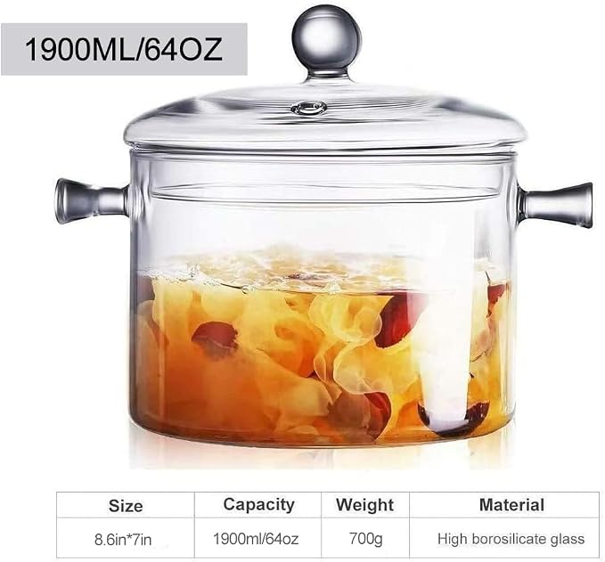 1.9L/64OZ Glass Saucepan with Cover, Heat-resistant Glass Stovetop Pot and Pan with Lid, The Best Handmade Glass Cookware Set Cooktop Safe for Pasta Noodle, Soup (Double-handled pot)