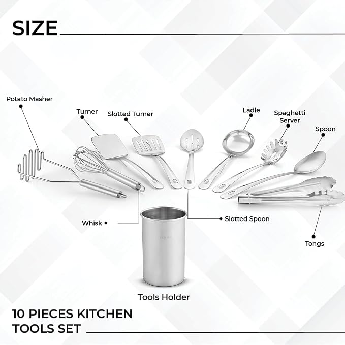 Avador® Premium Set of 10 Stainless Steel Kitchen Tool Set with Holder Easy To Clean, Space Saving, Great for Cooking, Baking, Prepping