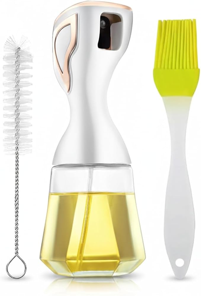 Continuous Mist Oil Sprayer 150ml with 2 Free Brushes for Cooking, Hair, Cleaning – Glass Olive Oil Dispenser, Refillable Mister for Air Fryer, Salad, BBQ (White Gold)