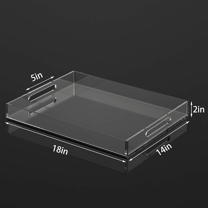 NIUBEE Acrylic Serving Tray 14x18 Inches -Spill Proof- Clear Decorative Tray Organiser for Ottoman Coffee Table Countertop with Handles | Spill-Proof tray for Coffee Table, Ottoman | Decorative Tray for Breakfast in Bed, Drink Serving & Home Organization