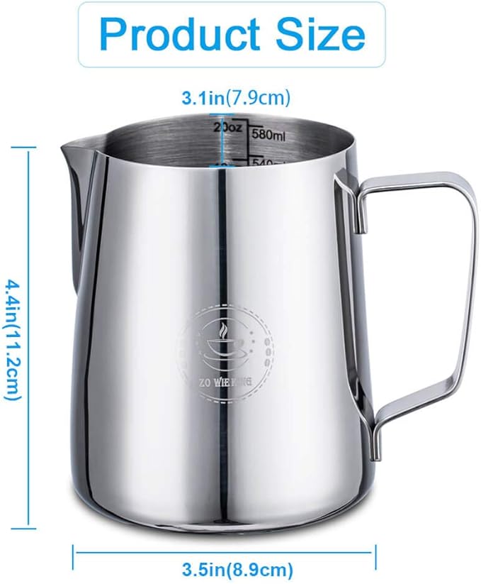 20oz Milk Frothing Pitcher, Stainless Steel Espresso Steamer Frother Cup | 600ml metal jug includes professional latte art decorating pen; top barista accessories for perfect coffee cappuccino making