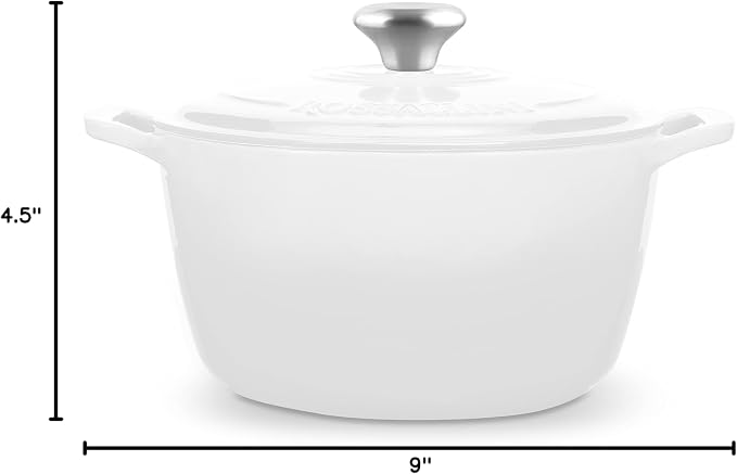 Signature Enameled Cast Iron Dutch Oven, Non-Stick Serving Pot with Tight Fitting Lid for Perfect Roasting, Baking, Sauteing, and Bread Making | 4.5Q (4.2L) - White