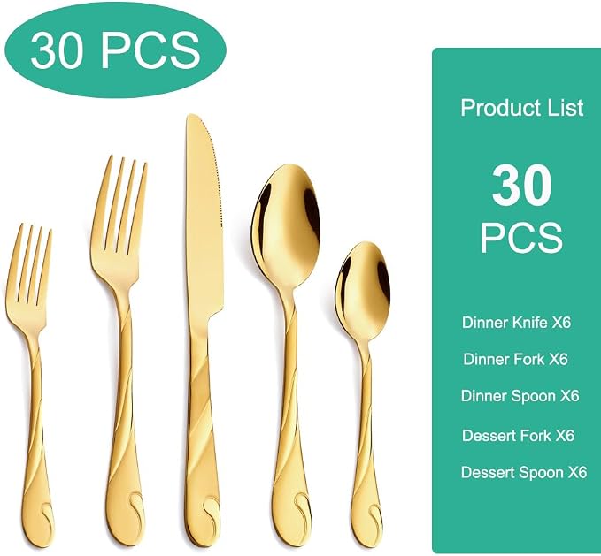 Gold Silverware Set, 30-Piece Stainless Steel Flatware Set | Shiny Gold Metal Cutlery Set for 6, Rust-Resistant, Include Spoon, Fork and Knife Set, Dishwasher Safe, for Dinner/Party