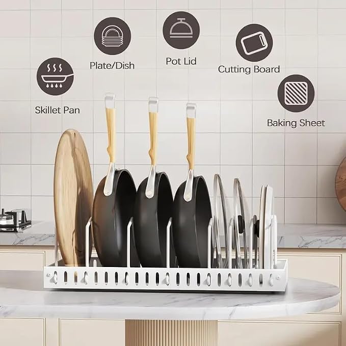 2 Pack Pull Out Pots and Pans Organizer for Cabinet & Countertop, Kitchen Cabinet Organizer with 8 Adjustable Dividers, Storage for Pot Lid, Dishes, Bakeware, White
