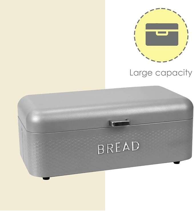 Soho Bread Box For Kitchen Countertop, Metal, (Grey) | By Home Basics, Vented With Hinge Top | Large Bread Box | Keeps Loaves, Bagels, Croissants Fresh