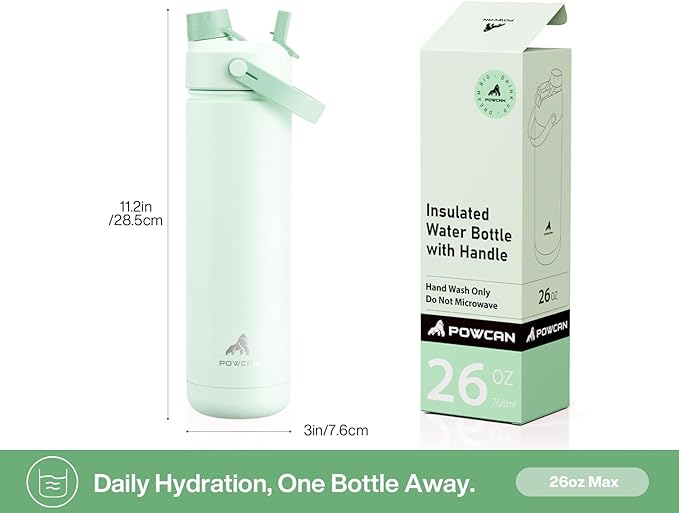 POWCAN 26 oz Insulated Water Bottle: 2-in-1 Straw and Spout Lid, Leak-proof | Keep Cold 24H, Cupholder Friendly, BPA-Free, Stainless Steel Water Bottle for Gift, Trip, Picnic, Camping (Avocado Grove)