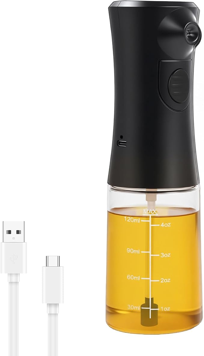 Electric Oil Sprayer for Cooking, Rechargeable Glass Olive Oil Mister, Battery Powered Continuous Fine Mist Spray Bottle for Air Fryer, Salad, BBQ, Kitchen - Uniform Spraying, Leak-Proof