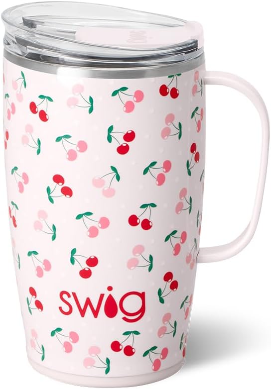 Swig Life 18oz Insulated Travel Mug with Handle & Lid, Cherry Pie | Triple Insulated Stainless Steel - Handle & Lid Included - Keeps Coffee Hot or Cold - Cup Holder Friendly