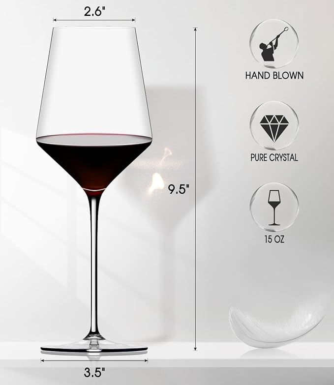 OJA Wine Glasses Set, Crystal Red Hand Blown Wine Glass, Set of 2, 15 oz | Long Stem, Thin Rim, Premium, Perfect for Red or White, Daily Use, Unique Wedding Anniversary or Birthday Gift