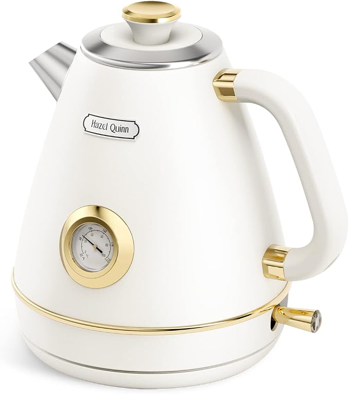 Hazel Quinn Retro Electric Kettle, 1.7 Liters with Thermometer, Pearl White | 57.5 Ounces Tea Kettle All Stainless Steel, 1200 Watts Fast Boiling, BPA-free, Cordless, Automatic Shut Off, Home and Office