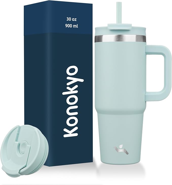 Konokyo 30 oz Insulated Tumbler Water Bottle with Handle, Straw Lid | BPA-free and dishwasher safe; made for gym, travel, coffee and gifting, 2 straws, cup holder friendly,Blue Haze