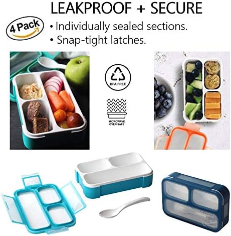 kinsho Small Snack Box Containers Set of 4, (Blue + Navy + Aqua + Orange) | 3 Compartments, Leak-Proof, Spill Proof, BPA-Free Reusable Mini Bento Lunch Box for Kids Toddlers School Travel, Holds 2 Cups