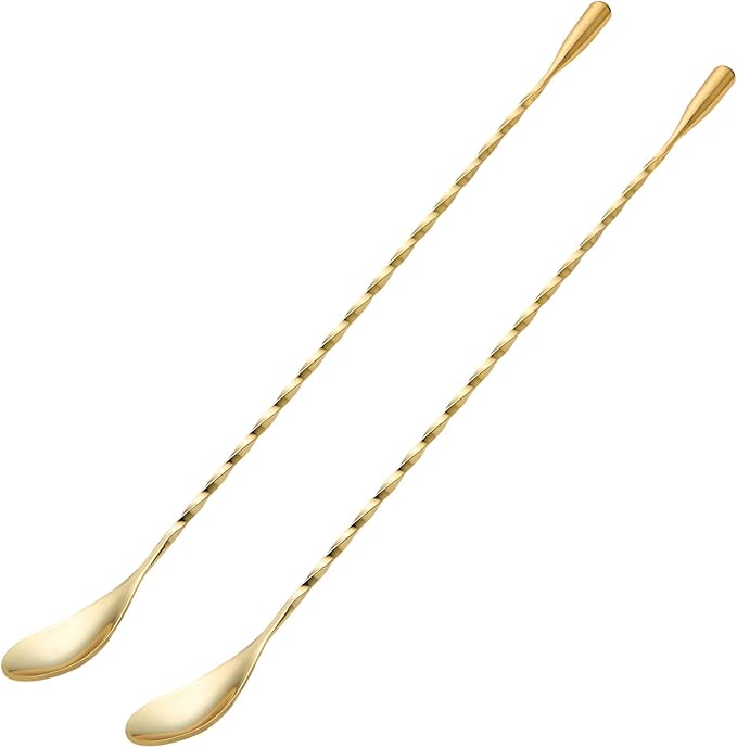 Bar Spoon Cocktail Mixing Stirrers, 2Pcs, 12” Long Handle, Gold | 18/8 Stainless Steel, Long Drink Spoons, for Stirring Coffee & Cocktails