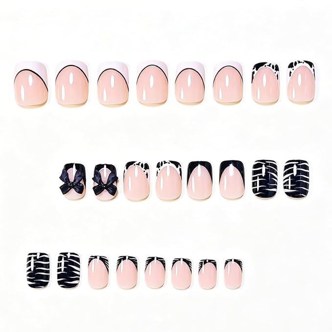24Pcs Black White French Tip Press on Nails Short Square Fake Nails Press ons Nail Art Tips with 3D Bow Cow Print Stripes Design Acrylic Glue on Nails Full Cover Nude False Nails for Women Manicure