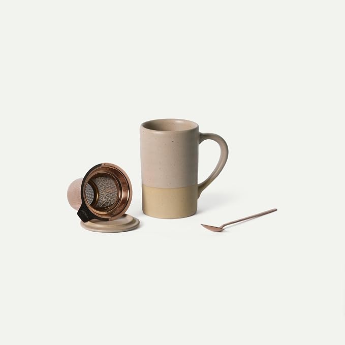 Mora Ceramics Tea Cup with Loose Leaf Infuser, Spoon and Lid, 12 oz, Microwave and Dishwasher Safe Coffee Mug - Rustic Matte Ceramic Glaze, Modern Herbal Tea Strainer - Great Gift for Women, Mushroom