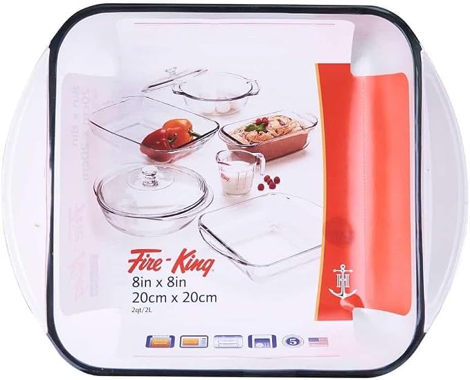 Anchor Hocking 77887 Fire-King Square Cake Dish, Glass, 8-Inch | Tempered Glass | Clear Bakeware | Even Heat Distribution | Dessert Baking | Dishwasher Safe | Oven Safe