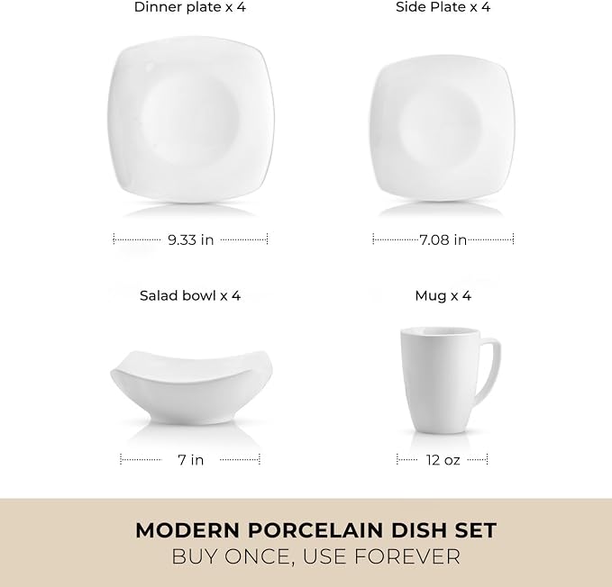 Zulay Kitchen Luna Plates and Bowls Sets, 16 Piece Modern Porcelain Dish Set for 4, Chip and Scratch Resistant Square Dinnerware Set, Microwave and Dishwasher Safe, Pearl White
