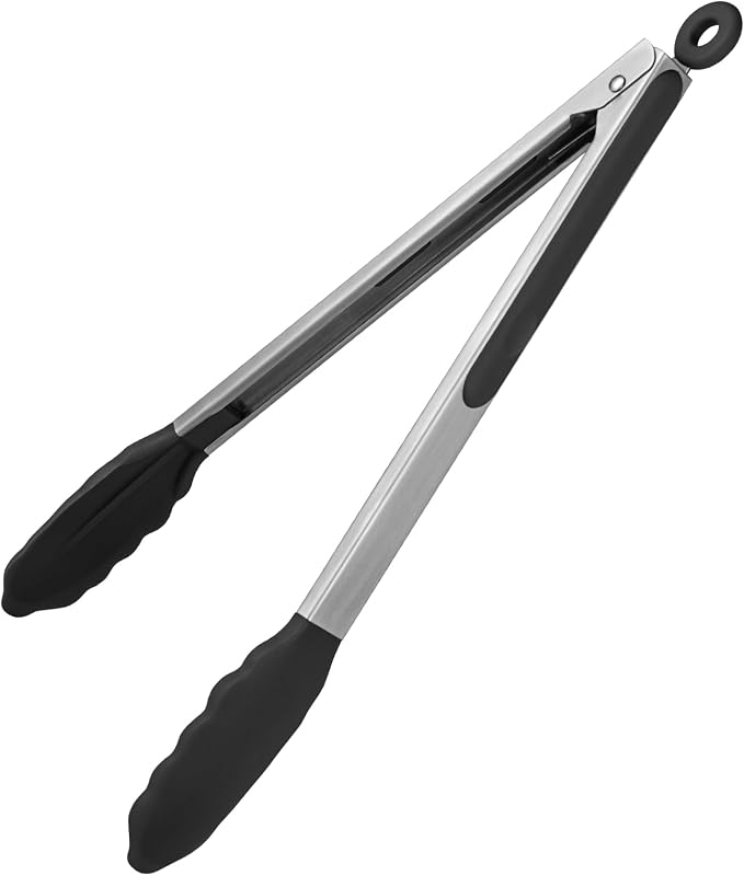 U-Taste Kitchen Tong for Cooking, 600ºF Heat-Resistant Silicone, 12in/Black | Large Tongs for Serving Food, Big Rubber Tong for Grill/BBQ, Silicon Tips & 18/8 Stainless Steel Handle, Smooth Locking