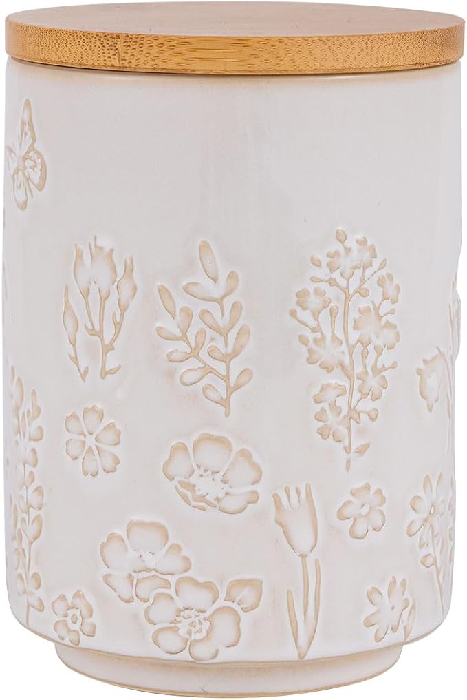 TEATALK Embossed Ceramic Canister with Airtight Lid, 23oz Decorative Storage Jar for Coffee, Tea, Sugar, Flour & Cookies, Farmhouse Kitchen Canisters for Counter, Pantry Organization, Flower Butterfly
