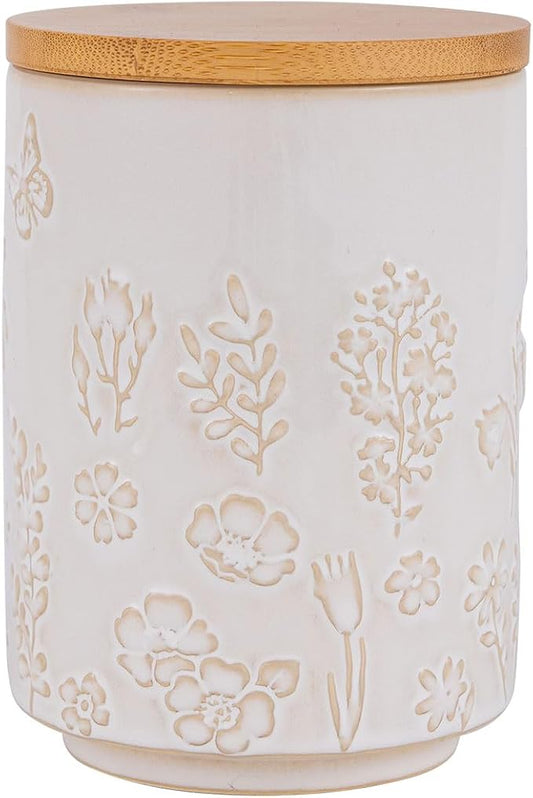 TEATALK Embossed Ceramic Canister with Airtight Lid, 23oz Decorative Storage Jar for Coffee, Tea, Sugar, Flour & Cookies, Farmhouse Kitchen Canisters for Counter, Pantry Organization, Flower Butterfly