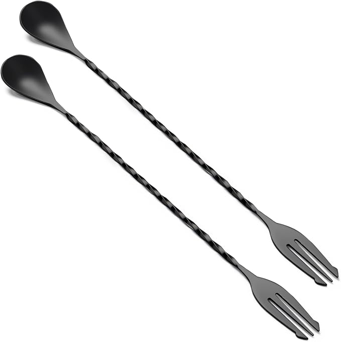 Bar Spoon Cocktail Mixing Stirrers,2Pcs,12” with Trident Fork, Black | 18/8 Stainless Steel, Double Ended Design, Long Drink Spoons, Trident Fork, for Stirring Coffee & Cocktails
