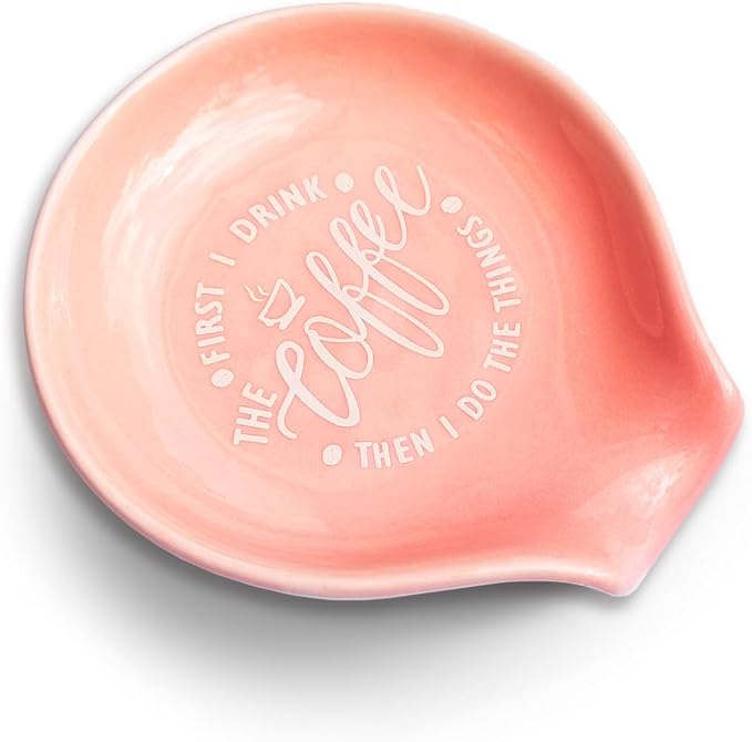 Funny Coffee Quote First I Drink The Coffee Then I Do The Things Ceramic Spoon Holder- Orange Pink Coffee Spoon Rest -Cafe Station Bar Accessories