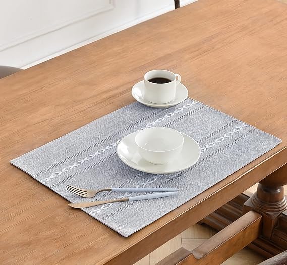 Wracra Cotton Linen Place Mats, Grey Embroidered Placemats Set of 6 | Placemats 12 x 18 Inch; Cotton Linen Woven Fabric; Heat Resistant Table Mats; Raised Embroidered Hollow Design