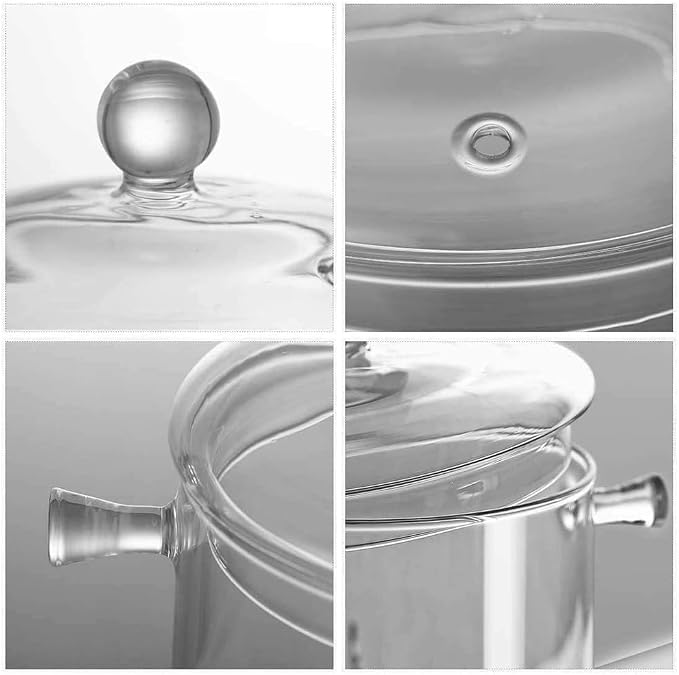 1.9L/64OZ Glass Saucepan with Cover, Heat-resistant Glass Stovetop Pot and Pan with Lid, The Best Handmade Glass Cookware Set Cooktop Safe for Pasta Noodle, Soup (Double-handled pot)