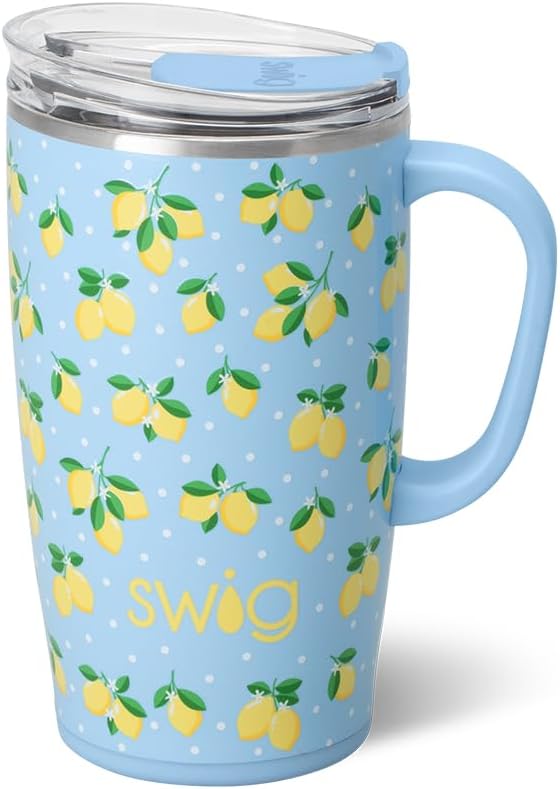 Swig Life 18oz Insulated Travel Mug with Handle & Lid, Lemon Meringue | Triple Insulated Stainless Steel - Handle & Lid Included - Keeps Coffee Hot or Cold - Cup Holder Friendly