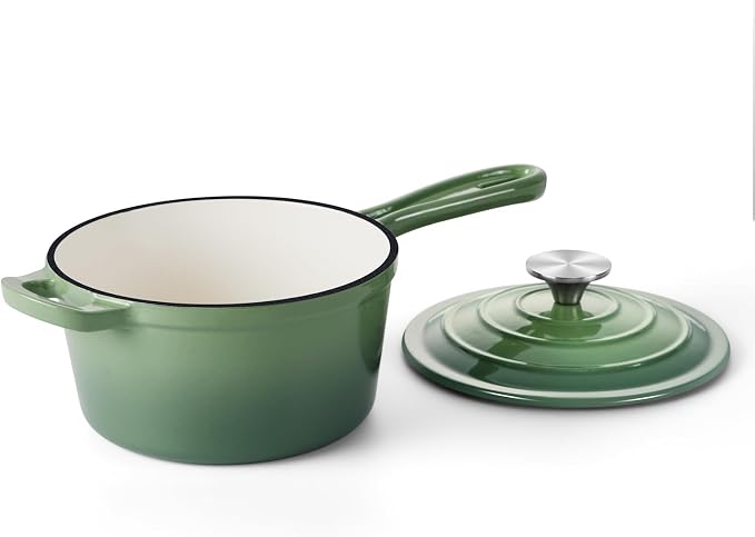 Onader 1QT Enameled Cast Iron Saucepan with Lid, Small Sauce Pan, Enamel Cast Iron Dutch Oven Cooking Kitchen Pot, Nonstick & Heavy Duty – Pistachio Green