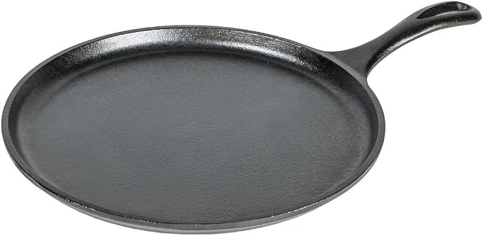 Lodge Round Seasoned Cast Iron Griddle with Red Silicone Handle Holder - Heavy Duty Flat Cooking Pan for Breakfast Favorites & Everyday Cooking - 10.5 Inches