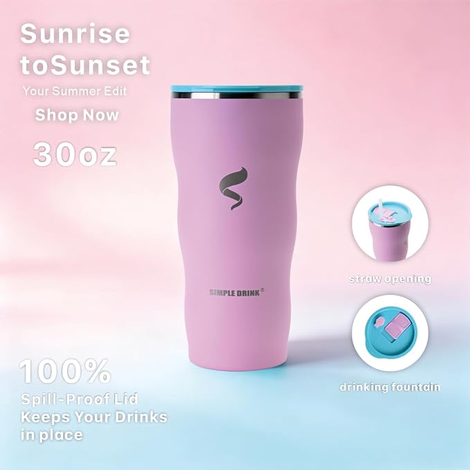 30 oz Insulated Tumbler with Straw and Lid, Pink Aqua | 18/8 stainless steel, double-wall vacuum insulation, BPA-free materials, reusable straw, for everyday hot and cold drinks.