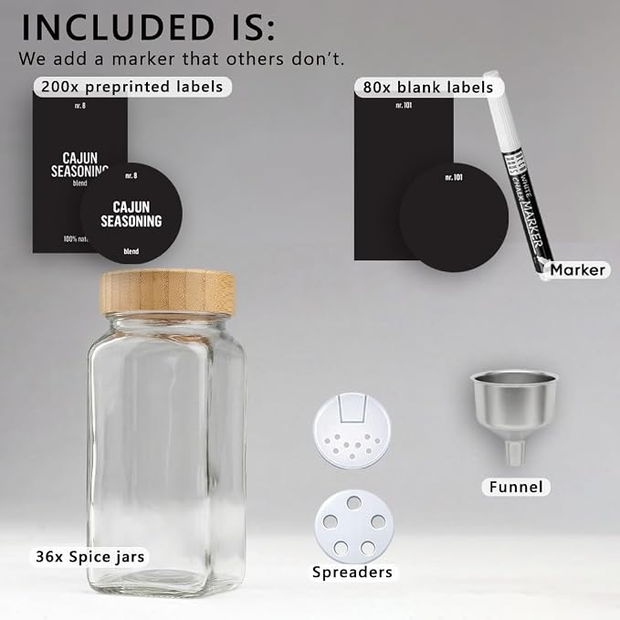 Deco haus Glass Spice Jars with Bamboo lids 36set [LABELS incl] Spice Containers with Labels, Funnel & Chalk Marker - Empty Herb Seasoning Containers, Small Seasoning Bottles for Herb with Wooden Lid | Spice Jars Glass Set - Spice Container Spice Jars ...