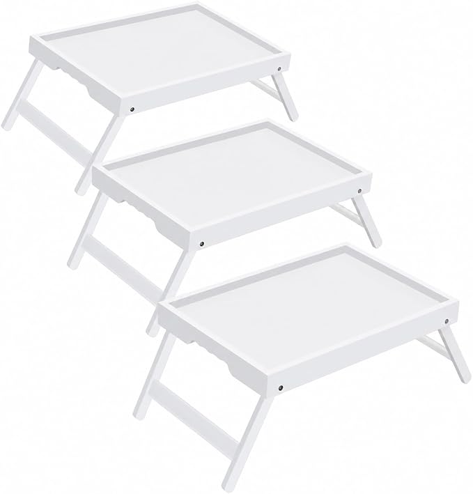 Medium Bamboo Breakfast Trays for Bed, Folding Legs, 3 Pack, White | 3 medium white bamboo breakfast trays with folding legs, raised edges and side grips for meals, laptops, snacks and serving.