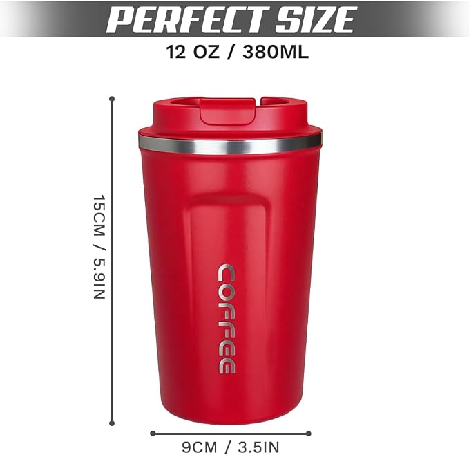 SPLMIFA Travel coffee mugs leak-proof, reusable coffee cup with lid, stainless steel vacuum insulated coffee tumblers, thermal insulation cups for men & women keep drinks hot & cold (2nd-Red, 12OZ)
