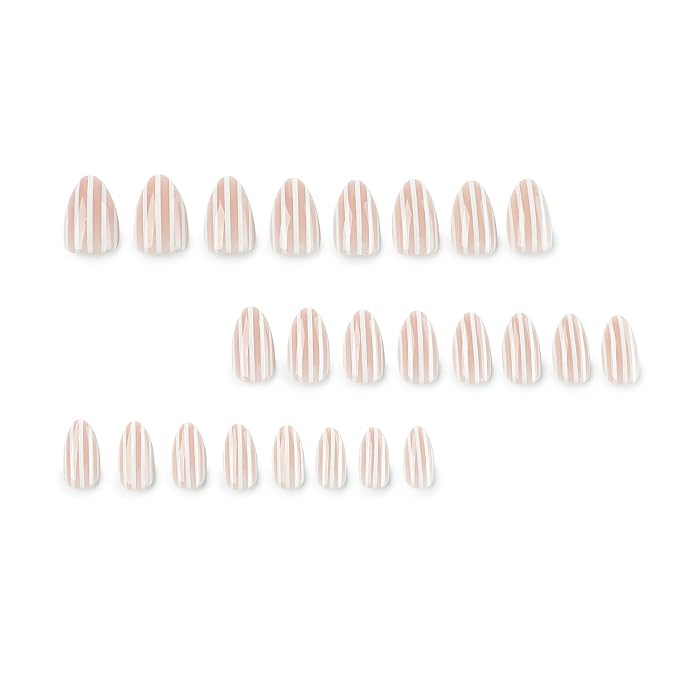 White Stripe Press On Nails Short Almond Fake Nails Full Cover False Nails | Reusable Glue On Nail Glossy Stick On Nail Acrylic Nails Press Ons For Women 24Pcs