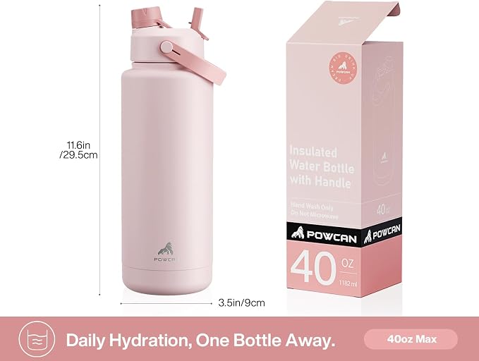 POWCAN 40 oz Insulated Water Bottle with 2-in-1 Straw and Spout Lid, Glow-in-the-Dark, 24H Cold, Leakproof, BPA-Free, Double Wall Stainless Steel for Sports, Gym, Travel, School (Sun-Kissed Flamingo)