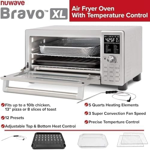 Nuwave Bravo Air Fryer Toaster Smart Oven, 12-in-1 Countertop Convection | 30-QT XL Capacity, 50°-500°F Temperature Controls, Top and Bottom Heater Adjustments 0%-100%, Brushed Stainless Steel Look