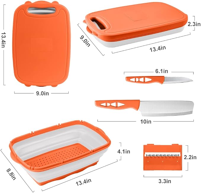 Camping Cutting Board, HI NINGER Collapsible Chopping Board with Colander, 9-In-1 Multi Kitchen Vegetable Washing Basket,Camping Gifts Accessories for RV Campers | Multi Camping Cutting Board Kitchen Vegetable Washing Basket for Camper ,bbq prep tub,Ca...