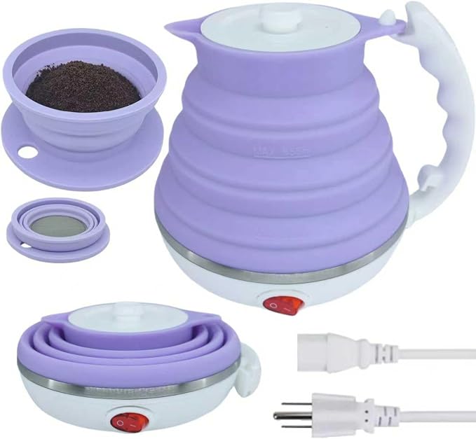 Travel Pour Over Coffee Maker Single Serve, Portabe Single Cup Pour Over Coffee Maker + Portable Kettle Electric, Collapsible Travel Electric Kettle (Purple)