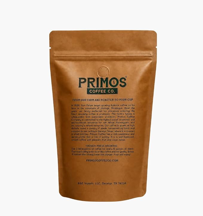 Primos French Press Coffee - Medium Roast Arabica - Coarse Grind | Coarsely ground for balanced extraction; smooth, low acid, fruit & cacao notes; from our Nicaraguan farm & Texas roastery
