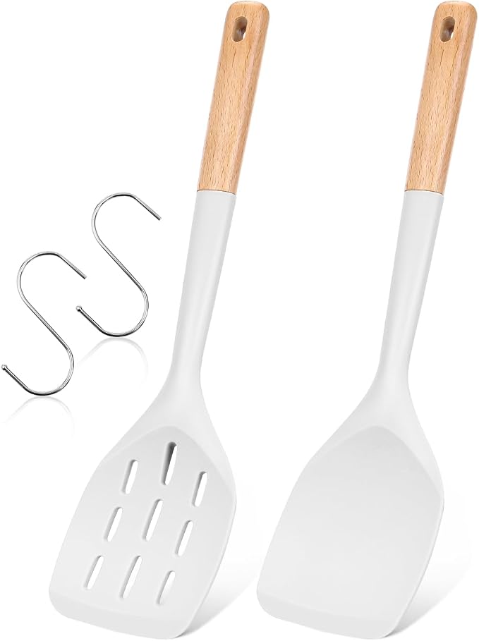 Silicone Spatula, Non Stick Turner for Cooking, Food Grade, White | Heat Resistant, Flexible Edge, 2 Pack Wooden Handle Kitchen Turner for Baking Mixing Grilling Serving Food