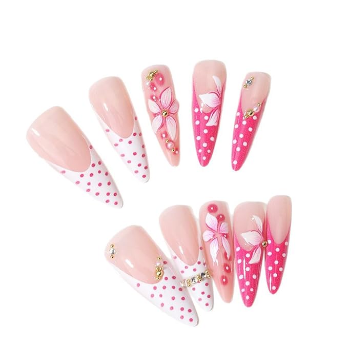 3D Pink Flower Press On Nails Long Stiletto Fake Nails Polka Dot French Tip Nails with Gold Pearl Designs Full Cover Glue On Nails Reusable Handmade Acrylic Stick on Nails for Women Manicure 24Pcs