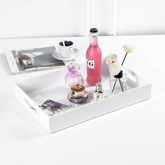 Sooyee Acrylic Serving Tray with Handles, 16" x 12", White | DecorativeTray, Plastic Tray For Breakfast, Tea, Food, Butler, Coffee Table, Ottoman, Vanity, Countertop